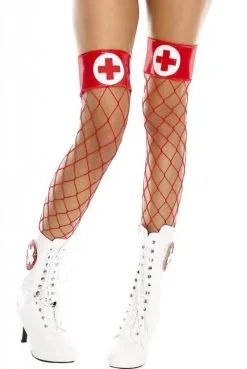 Bas Filet Rouge Jarretières Brillantes Croix Infirmière