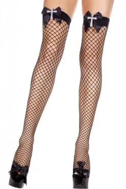 Bas Gothique Noirs Résille Noeuds Croix Strass Autofixants