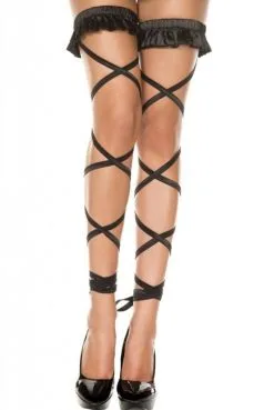 Bas Jambières Noir Lanières Jarretières à Volant