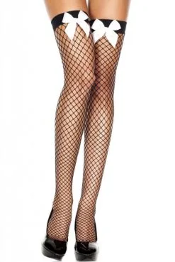 Bas Noirs Résille Filet Noeuds Satin Blanc Autofixants