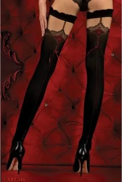 Bas Opaque Noir Lacé Rouge Auto Fixant