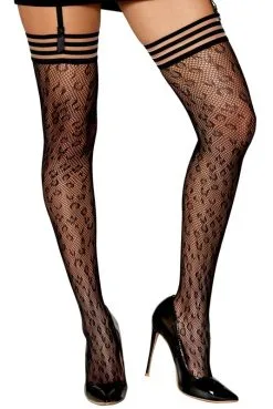 Bas Résille Motif Léopard Jarretières Noires Et Transparentes -SexToys Soldes bas resille motif leopard jarretieres noires et transparentes 2