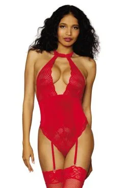 Body Entrejambe Ouvert à Jarretelles Rouge