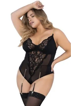 Body Et Porte Jarretelles Chainette Dorée Grande Taille Résille Transparente Noire -SexToys Soldes body et porte jarretelles chainette doree grande taille resille transparente noire 2