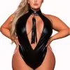 Body Fetish Grande Taille Simili Cuir Extensible Col Clouté Et Fouet