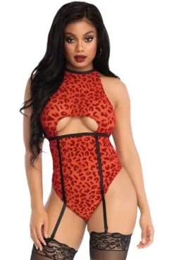 Body Léopard Rouge à Jarretelles