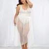 Body String Grande Taille Blanc Echancré Dentelle Et Sa Jupe Maille Transparente Amovible