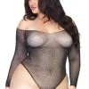 Body String Grande Taille Résille Transparent Strass Manches Longues