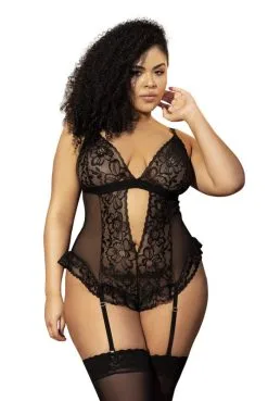 Body Style Guepière Grande Taille Noir En Dentelle Et Résille à Porte Jarretelles