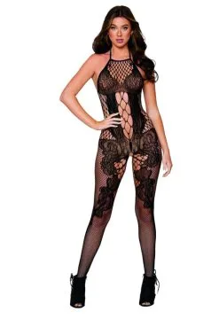 Bodystocking Combi Manches Longues Effet Body Et Bas Noir -SexToys Soldes bodystocking combi manches longues effet body et bas noir 2