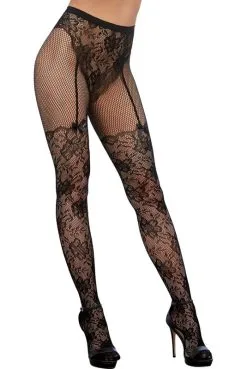 Collant Dentelle Et Résille Imitation Culotte Taille Haute Jarretelles -SexToys Soldes collant dentelle et resille imitation culotte taille haute jarretelles 2