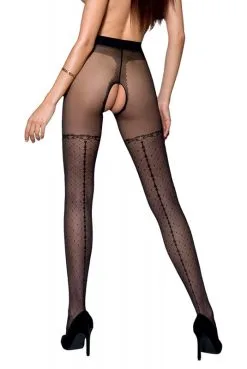 Collants Ouverts Effet Bas Couture Plumetis Petits Noeuds Noir