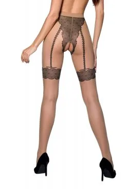 Collants Ouverts Effet Culotte Ouverte à Jarretelles Beige