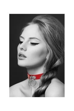 Collier Ras De Cou Anneau Argenté Et Cuir Rouge