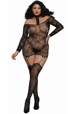 Combi Bodystocking 2 En 1 Grande Taille Résille Guêpière Réversible Tour De Cou -SexToys Soldes combi bodystocking 2 en 1 grande taille resille guepiere reversible tour de cou 2
