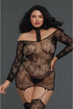 Combi Bodystocking 2 En 1 Grande Taille Résille Guêpière Réversible Tour De Cou