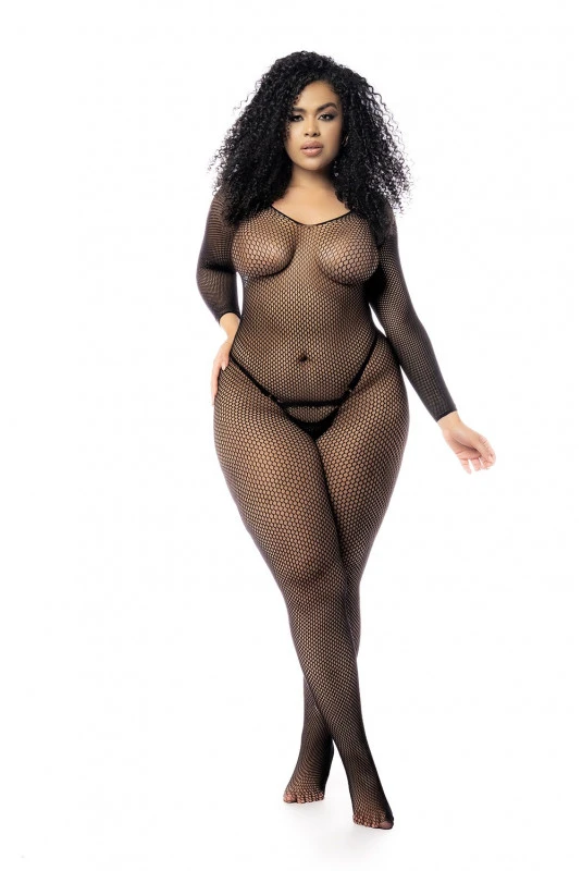 Combi BodyStocking Résille Intégrale Grande Taille à Manches Longues 1 Combi BodyStocking Résille Intégrale Grande Taille à Manches Longues