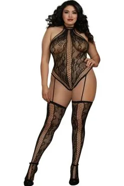Combi Grande Taille Body String Dentelle Jarretelles Bas -SexToys Soldes combi grande taille body string dentelle jarretelles bas 4