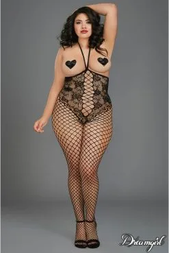 Combinaison Grande Taille Seins Nus Style Body Dentelle Jambes Larges Résilles
