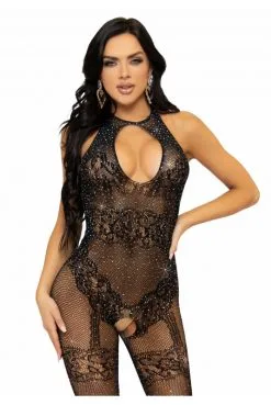Combinaison Ouverte Sans Couture Résille Strass Noire