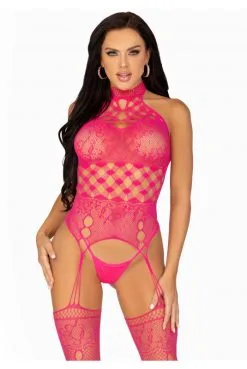 Combinaison Résille Dentelle Rose Néon