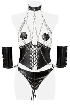 Corset Simili Cuir Chaines Ensemble 4 Pièces -SexToys Soldes corset simili cuir chaines ensemble 4 pieces 3