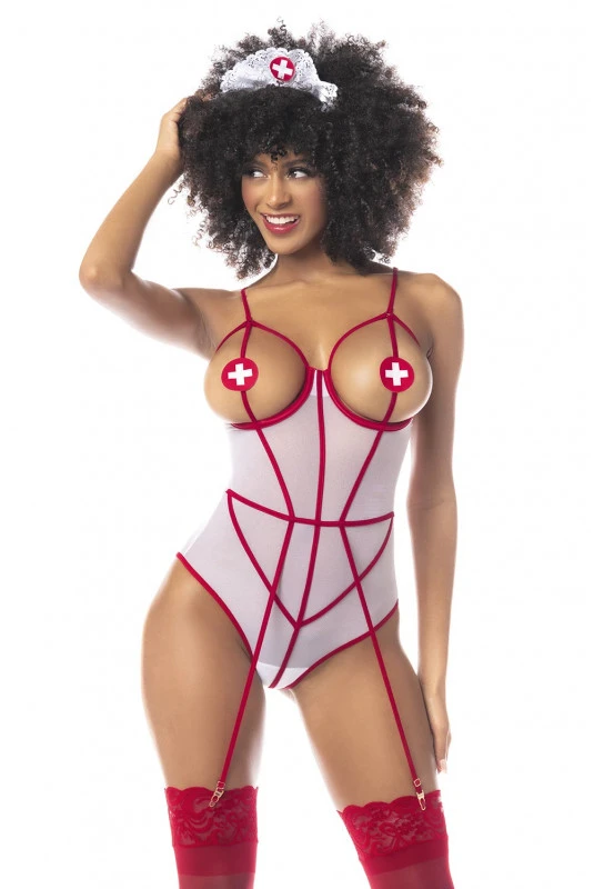Costume D'Infirmière Body Seins Nus Blanc Et Rouge 3 Costume D'Infirmière Body Seins Nus Blanc Et Rouge – Image 3
