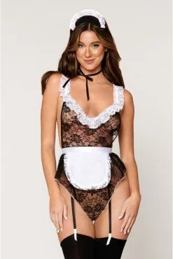 Costume Soubrette Body Dentelle à Jarretelles Tablier Coiffe Et Tour De Cou