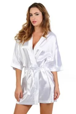 Déshabillé Court Peignoir Kimono Satin Blanc