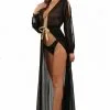 Déshabillé Long Transparent Noir Micro Résille Noué Doré