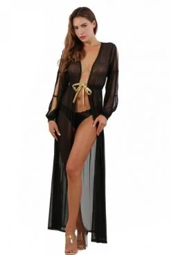 Déshabillé Long Transparent Noir Micro Résille Noué Doré -SexToys Soldes deshabille long transparent noir micro resille noue dore 2