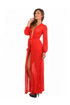 Déshabillé Long Transparent Rouge Micro Résille