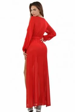 Déshabillé Long Transparent Rouge Micro Résille Noué Doré -SexToys Soldes deshabille long transparent rouge micro resille noue dore 2