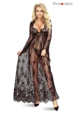Déshabillé Nuisette Longue Dentelle Noire Provocative
