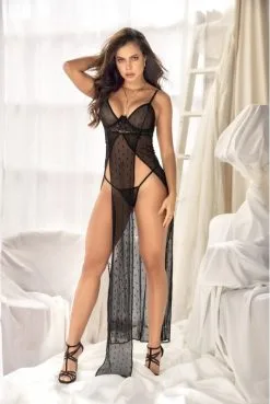 Déshabillé Nuisette Longue Fine Résille Ouverte Pois Plumetis