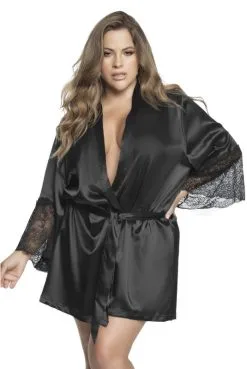 Déshabillé Peignoir Grande Taille Satin Noir Manche Dentelle -SexToys Soldes deshabille peignoir grande taille satin noir manche dentelle 2