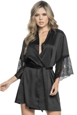 Déshabillé Peignoir Satin Noir Manche Dentelle -SexToys Soldes deshabille peignoir satin noir manche dentelle 2
