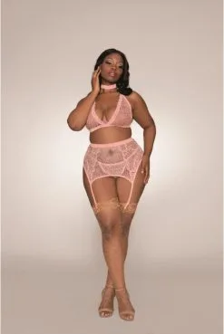 Ensemble 4 Pièces Roses Grande Taille Dentelle Et Fine Résille -SexToys Soldes ensemble 4 pieces roses grande taille dentelle et fine resille 2