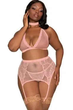 Ensemble 4 Pièces Roses Grande Taille Dentelle Et Fine Résille