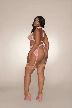 Ensemble 4 Pièces Roses Grande Taille Dentelle Et Fine Résille -SexToys Soldes ensemble 4 pieces roses grande taille dentelle et fine resille 3