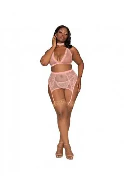 Ensemble 4 Pièces Roses Grande Taille Dentelle Et Fine Résille -SexToys Soldes ensemble 4 pieces roses grande taille dentelle et fine resille 4