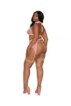 Ensemble 4 Pièces Roses Grande Taille Dentelle Et Fine Résille -SexToys Soldes ensemble 4 pieces roses grande taille dentelle et fine resille 5