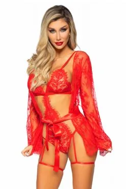 Ensemble Déshabillé Body String Jarretelles Rouge