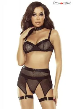 Ensemble Noir 4 Pièces Résille Harnais