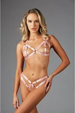 Ensemble Ouvert Fetish Soutien Gorge Et Culotte Harnais Rose