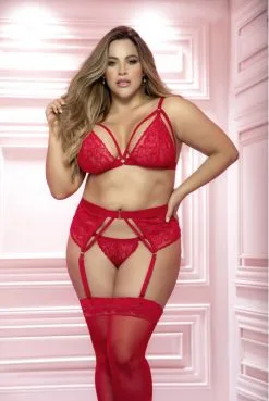 Ensemble Sexy Grande Taille 3 Pièces Porte Jarretelles Dentelle Rouge Strappy