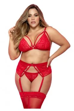 Ensemble Sexy Grande Taille 3 Pièces Porte Jarretelles Dentelle Rouge Strappy -SexToys Soldes ensemble sexy grande taille 3 pieces porte jarretelles dentelle rouge strappy 4