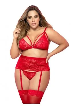 Ensemble Sexy Grande Taille 3 Pièces Porte Jarretelles Dentelle Rouge Strappy -SexToys Soldes ensemble sexy grande taille 3 pieces porte jarretelles dentelle rouge strappy 5