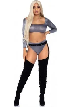 Ensemble Top Et Culotte Haute Scintillant Argent -SexToys Soldes ensemble top et culotte haute scintillant argent 2