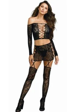 Ensemble Top Et Jupe Jarretelles Et Bas Extensible -SexToys Soldes ensemble top et jupe jarretelles et bas extensible 3